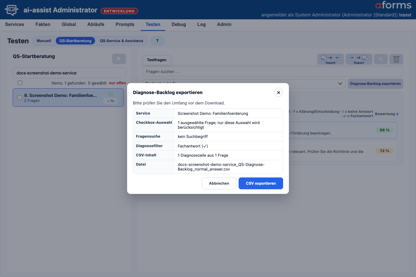 Zusammenfassung vor dem Export des QS-Diagnose-Backlogs mit Checkbox-Auswahl, Filtern, CSV-Umfang und Dateiname
