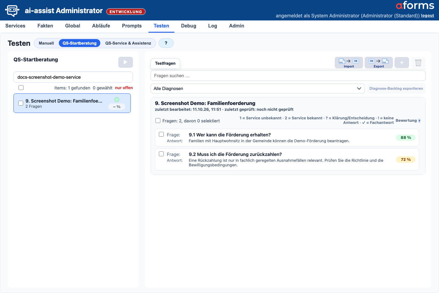 Testen-Maske in der Sicht QS-Startberatung mit Serviceliste, Testfragen, Bewertungen sowie Import-, Export- und Diagnoseaktionen