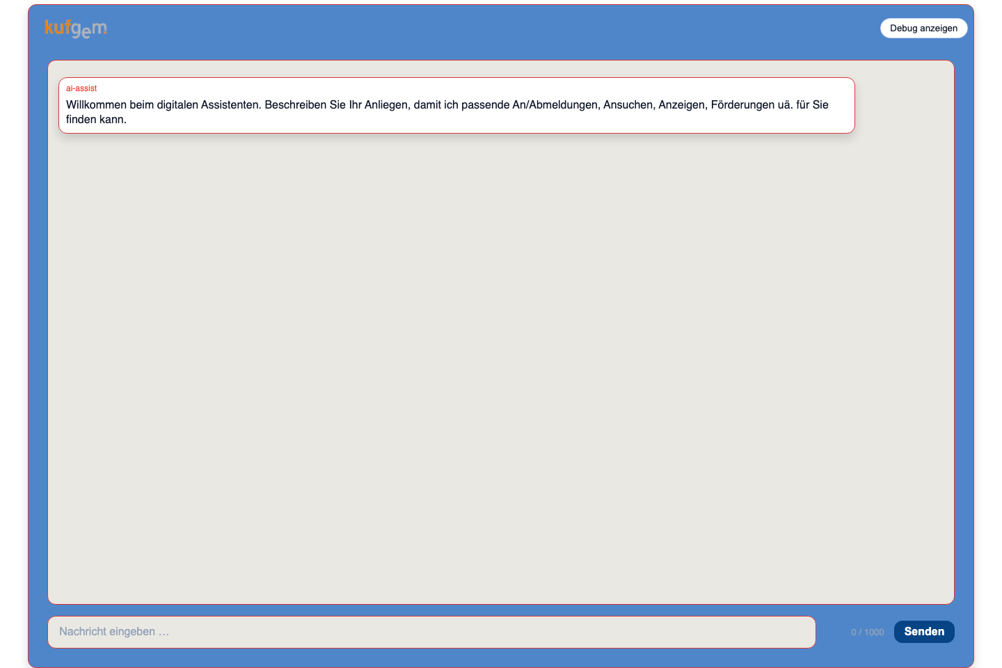 Bürgerchat nach Sitzungsstart mit Logo, Begrüßungsnachricht, Eingabefeld, Senden und Debug-Schaltfläche